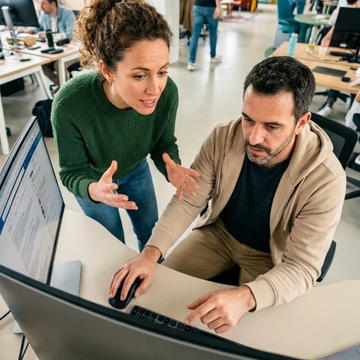 Équipe de managers et collaborateurs en agence à Paris, échangeant autour d'un plan d'action structuré et de documents de synthèse dans un espace de travail collaboratif, illustrant notre expertise en Stratégie de comm 360° pour porter vos services de communication corporate.