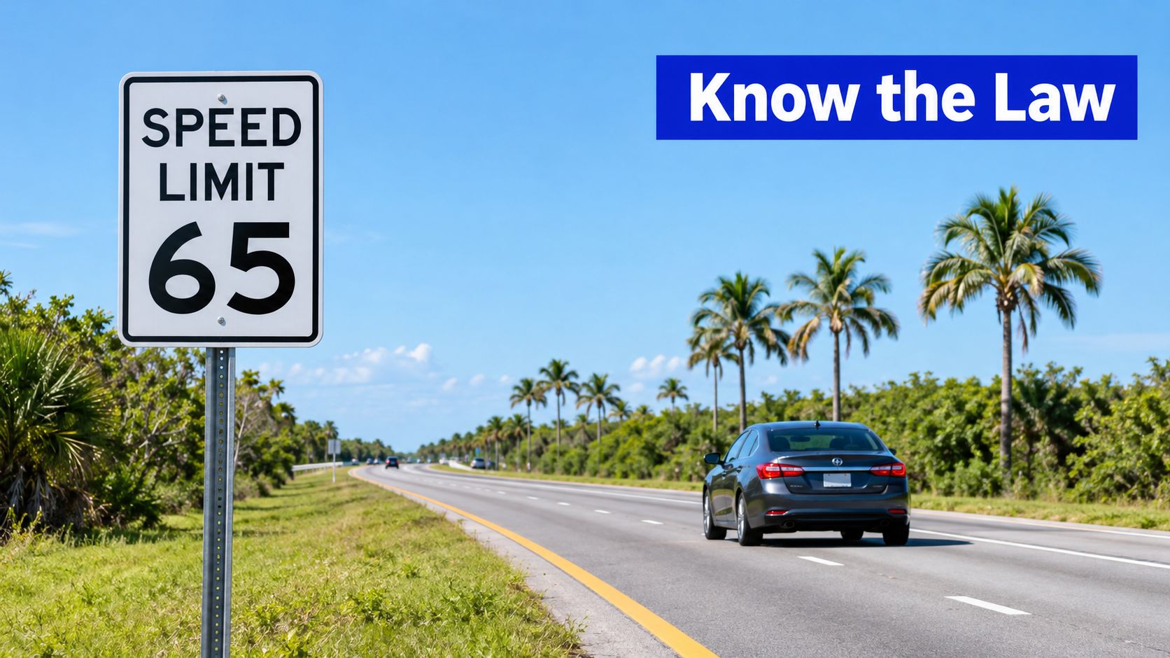 A speed limit sign posted at 65 miles per hour along a scenic highway with palm trees.