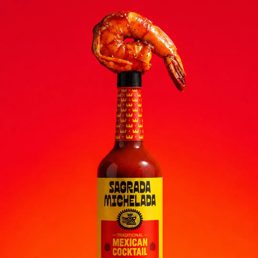 Sagrada Michelada Classic sauce bottle with a chilli shrimp on the cap against red, food packaging design