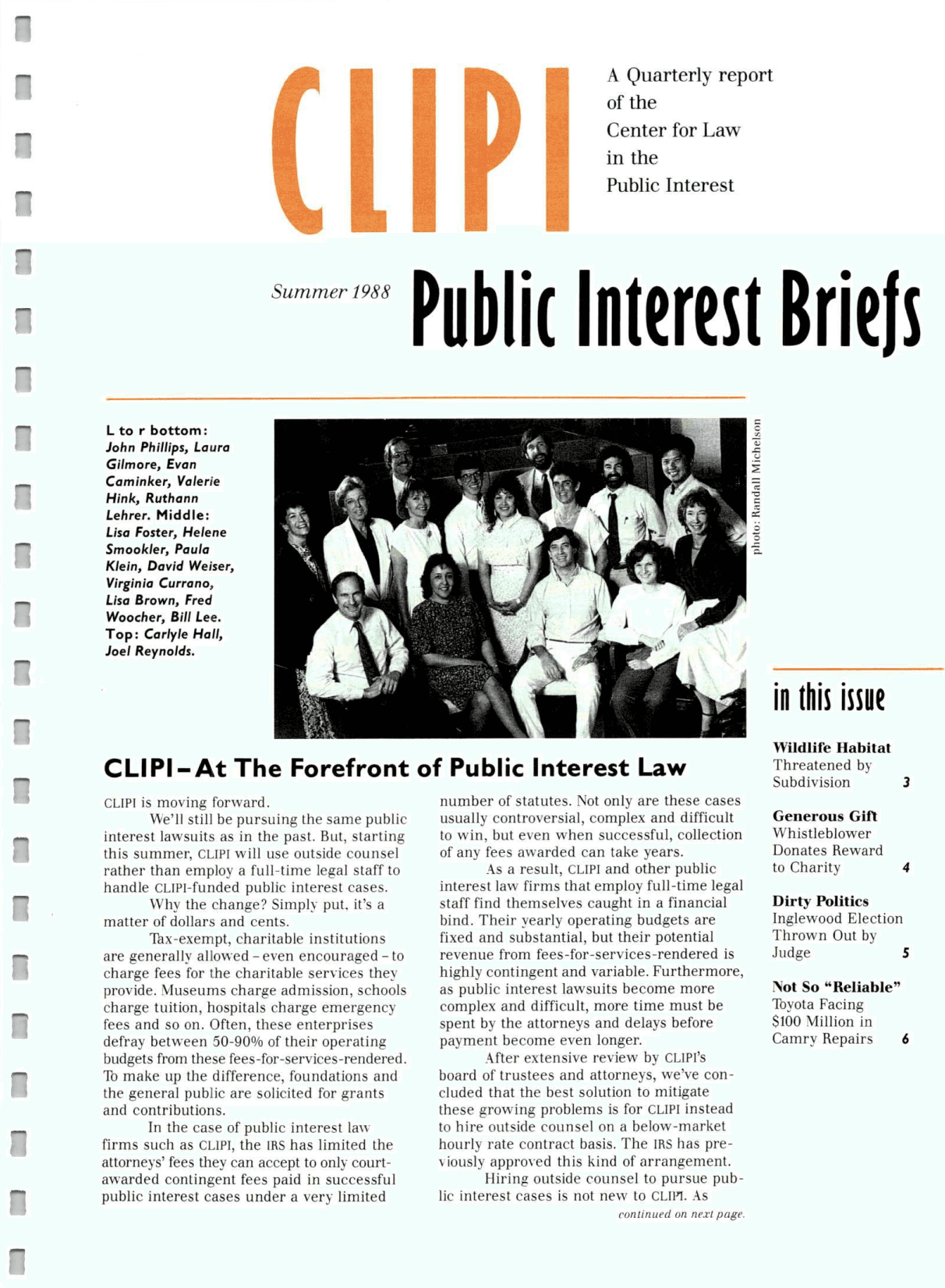 Cover of Center for Law In The Public Interest's Quarterly Report, Summer 1988 Edition Public Interest Briefs
