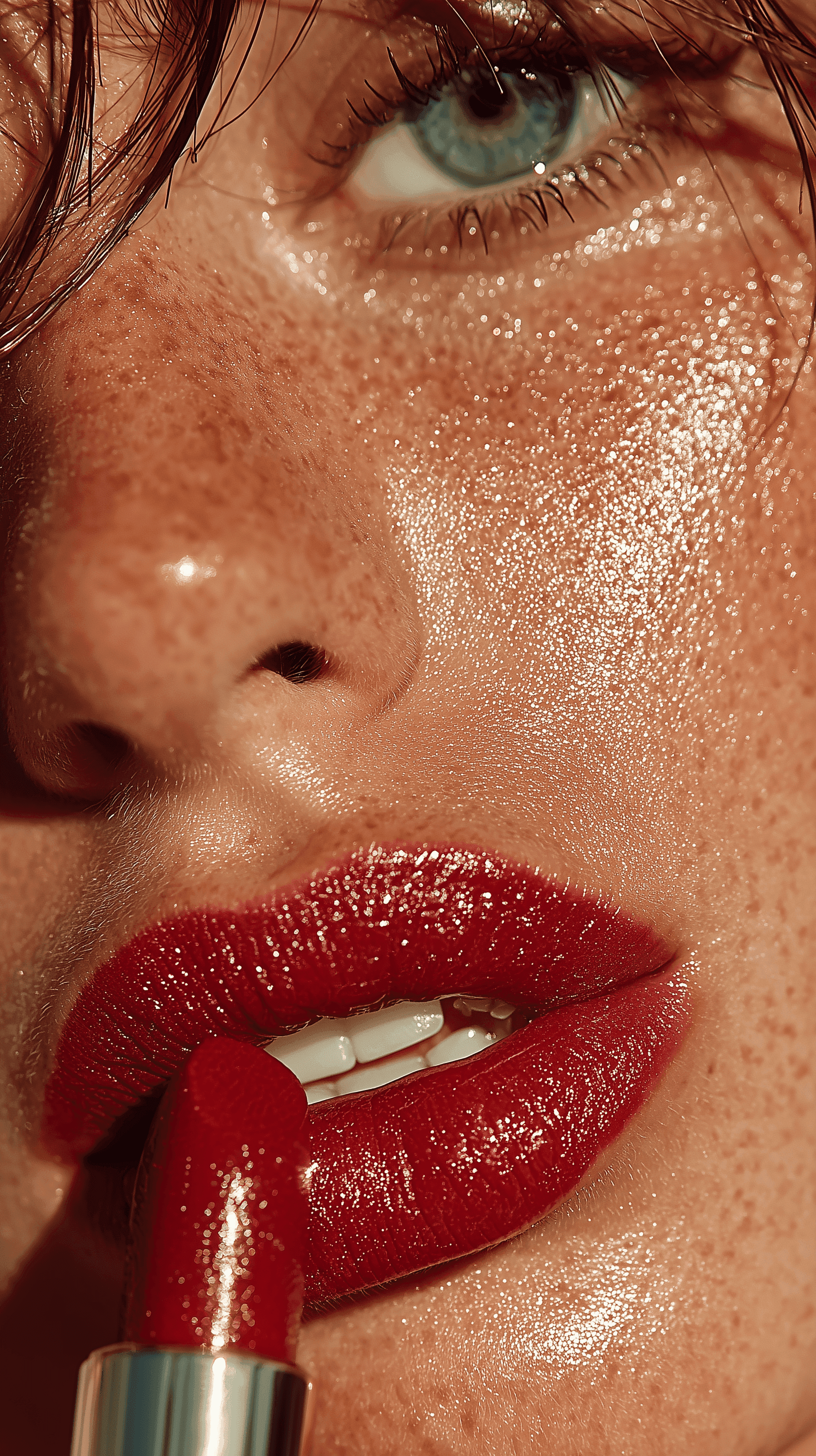 Macro shot of nose and lips highlighted by warm glow