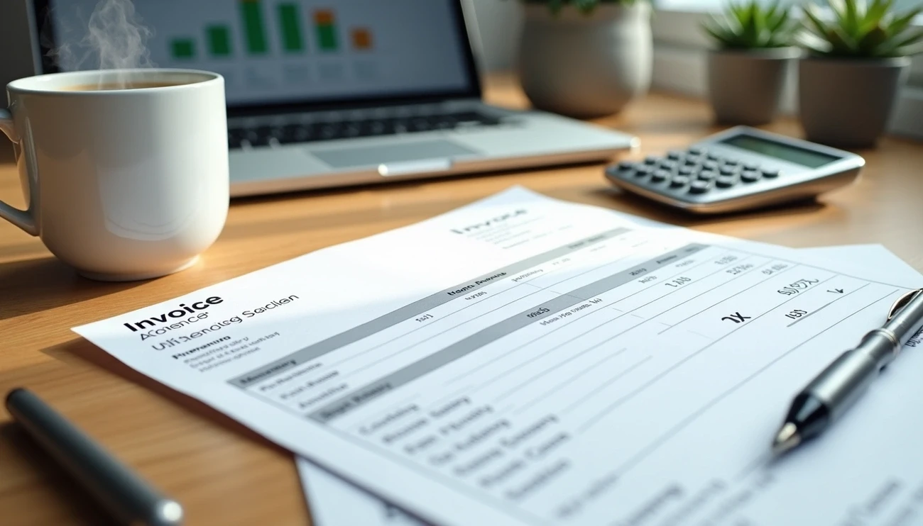Invoice documents, a pen, a calculator, a steaming cup of coffee, and a laptop with charts on a wooden desk.
