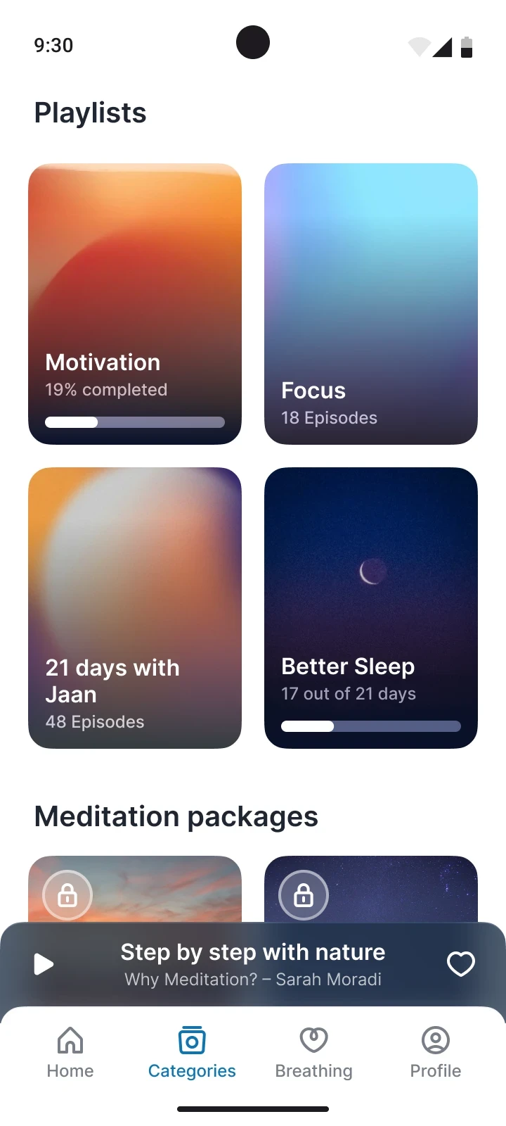 Categories screen with playlists and meditation packages