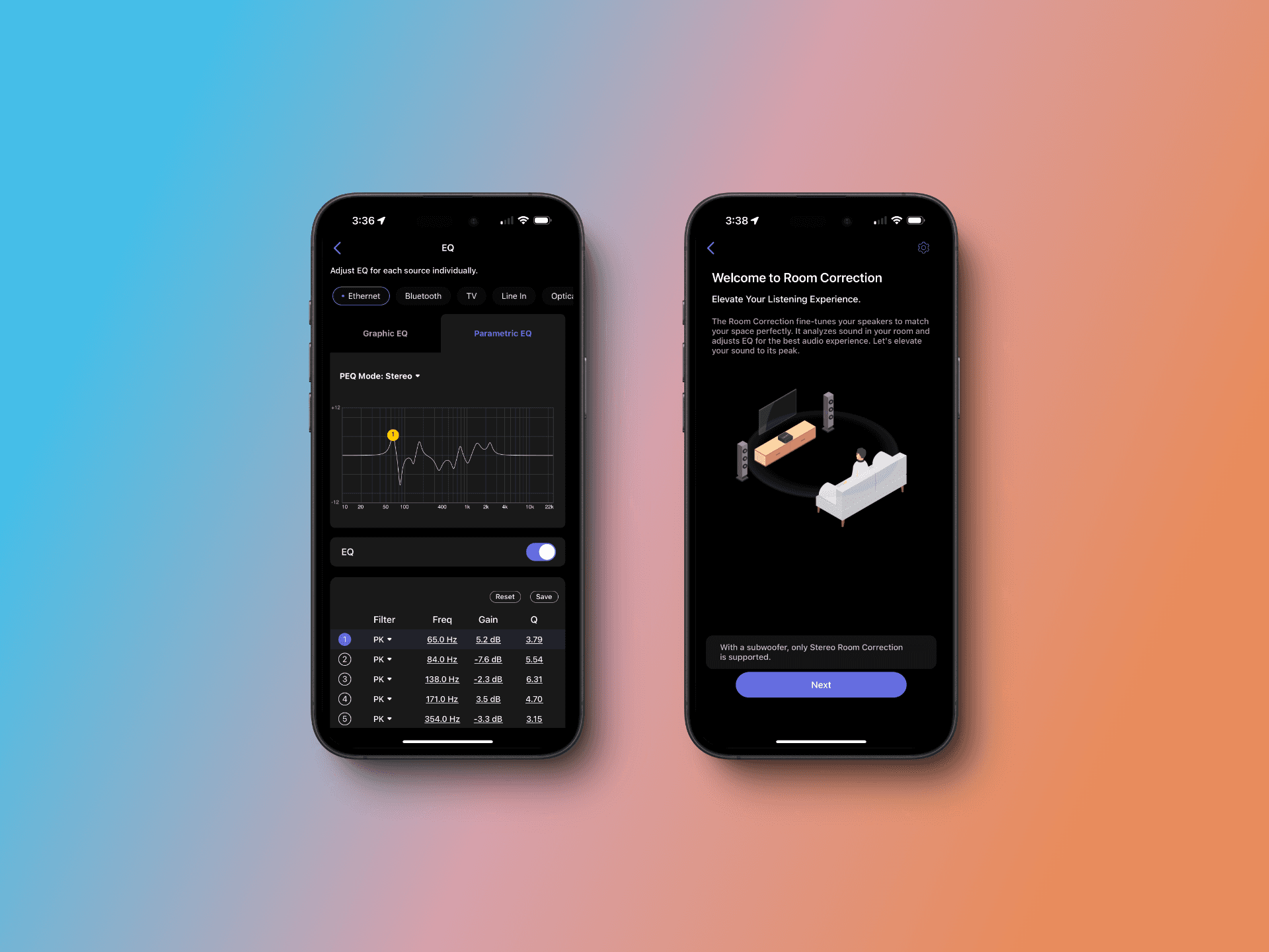 Screenshots of wiim iphone app with room correction