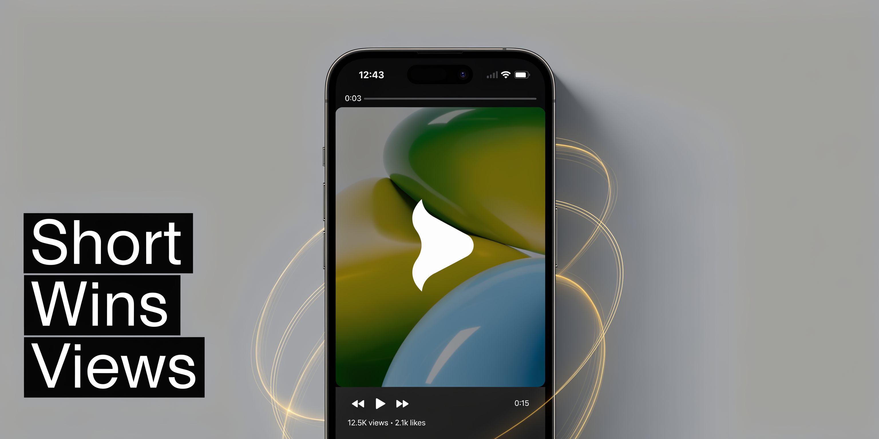 A smartphone screen displaying a short-form video player with view count and like metrics shown below.