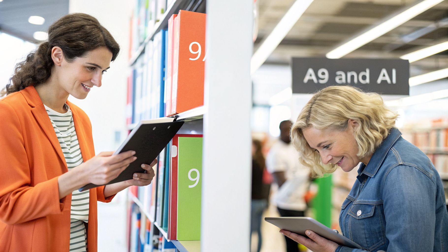 Two smiling women engaged in a library, one with binders, the other with a tablet.