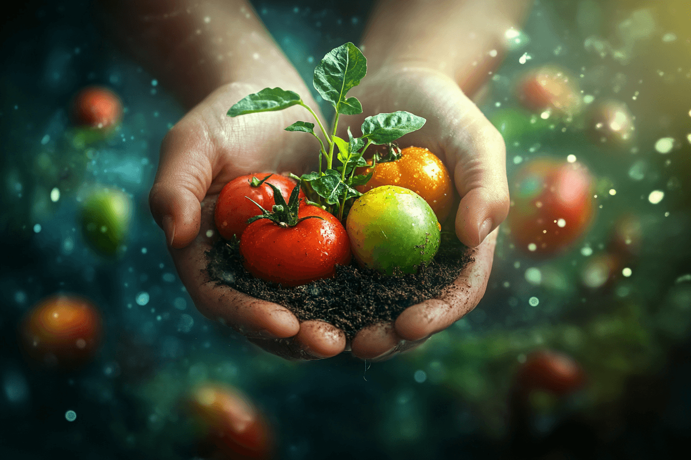 Children's hands tenderly holding a sprouting plant, with vibrant fruits and vegetables floating around them, educational setting, bright and cheerful colors