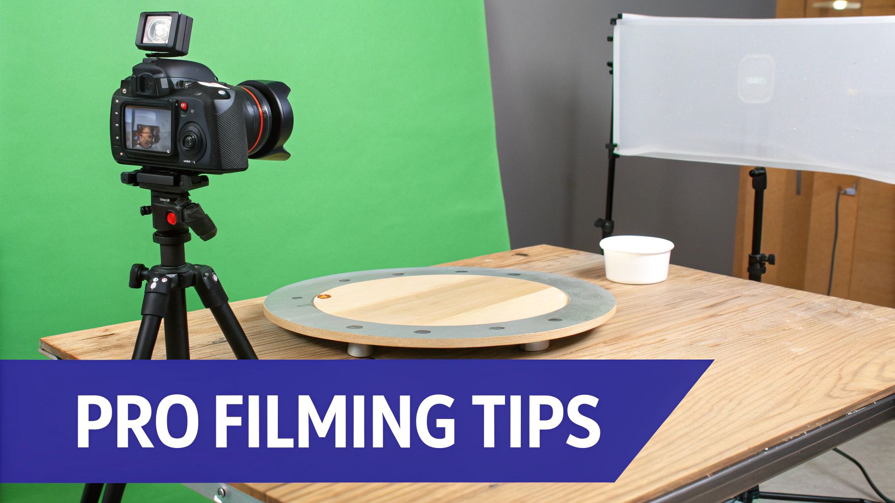 Professional product photography setup with camera on tripod, turntable, and lighting equipment for video filming