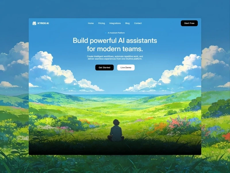 Kyros AI Framer template hero section showing AI assistant platform headline over anime landscape artwork