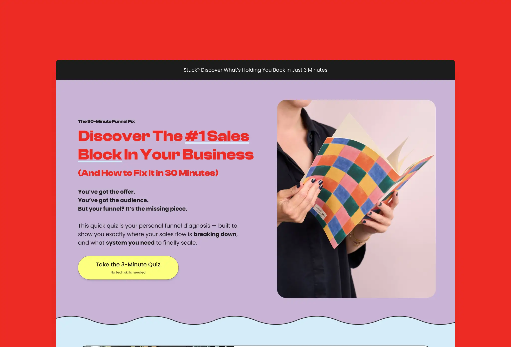 Lead generation funnel with a 3-minute quiz call to action.