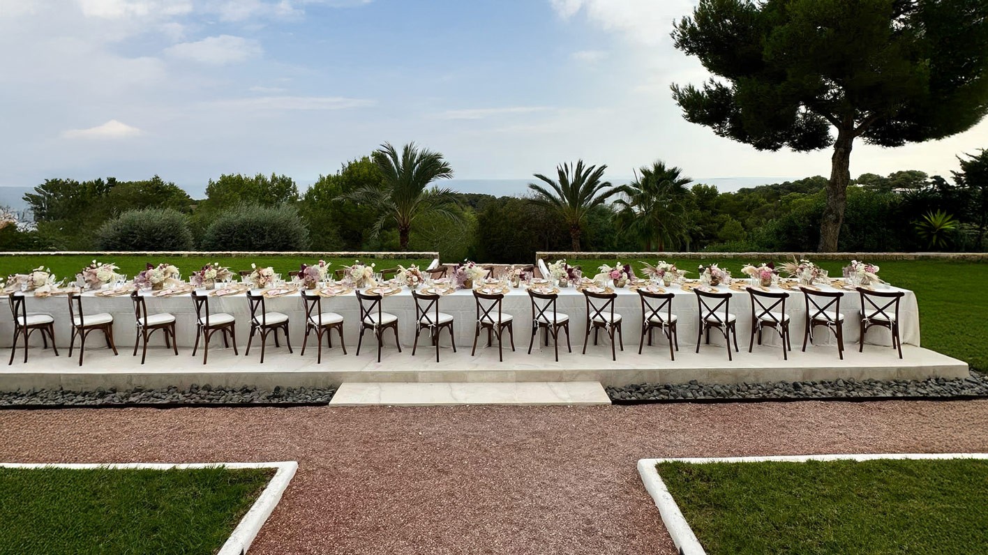 Gala table side view, exclusive luxury villa Ibiza wedding events holiday retreat.