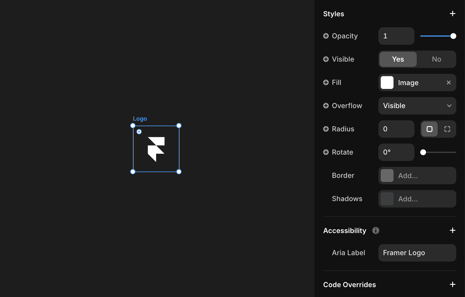 A design tool interface with a dark background, showing a selected logo labeled "Logo" in the center. The right panel includes style settings such as opacity, visibility, fill, overflow, radius, and rotation. Under the Accessibility section, the Aria Label is set to "Framer Logo."