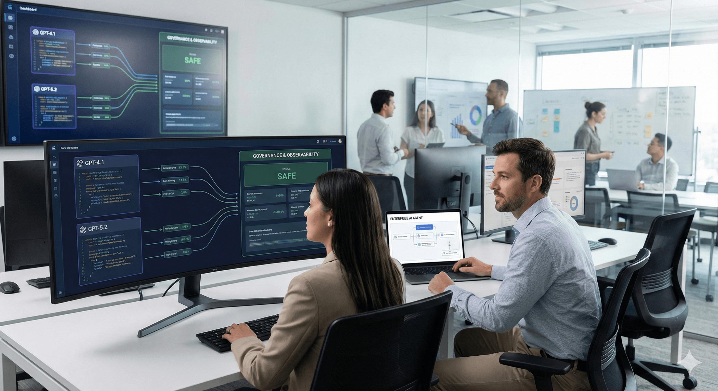 A group of professionals in a modern office collaborate on AI scaling solutions, with multiple computer screens displaying data and graphs, reflecting Netomi’s AI scaling and reliable enterprise solutions.