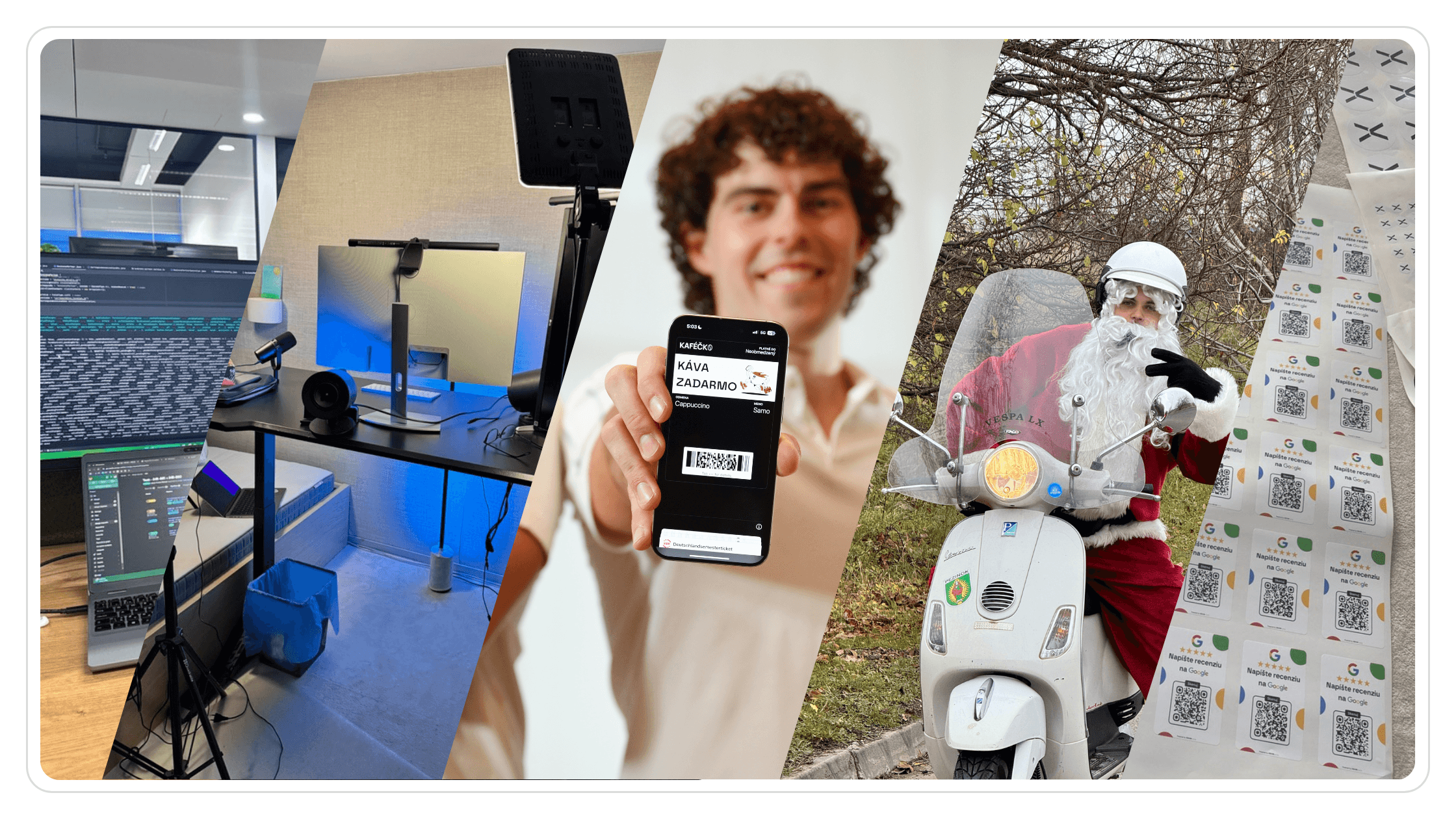 collage of multiple photos, computer screen, video recording setup, smiling person showing digital wallet, Santa on scooter, Google review stickers.