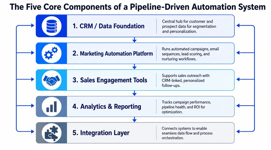 A diagram outlining the five core components of a B2B pipeline-driven automation system for marketing professionals.