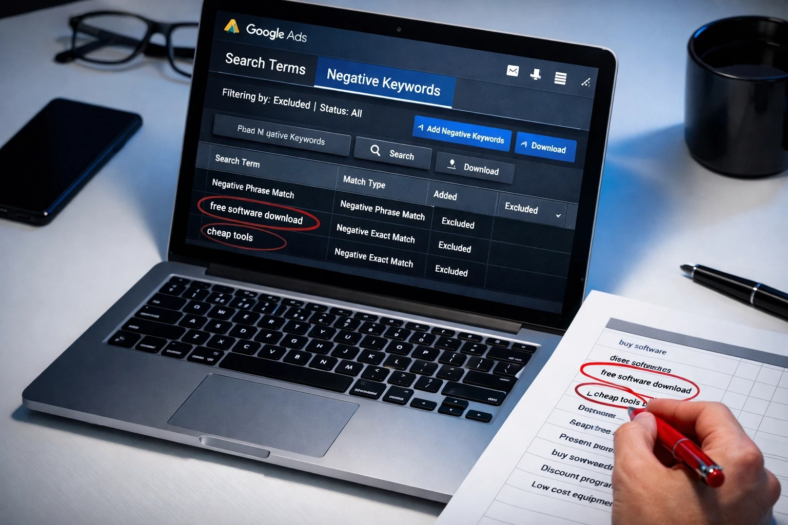Google Ads dashboard showing negative keyword filtering for consultant campaigns in Melbourne