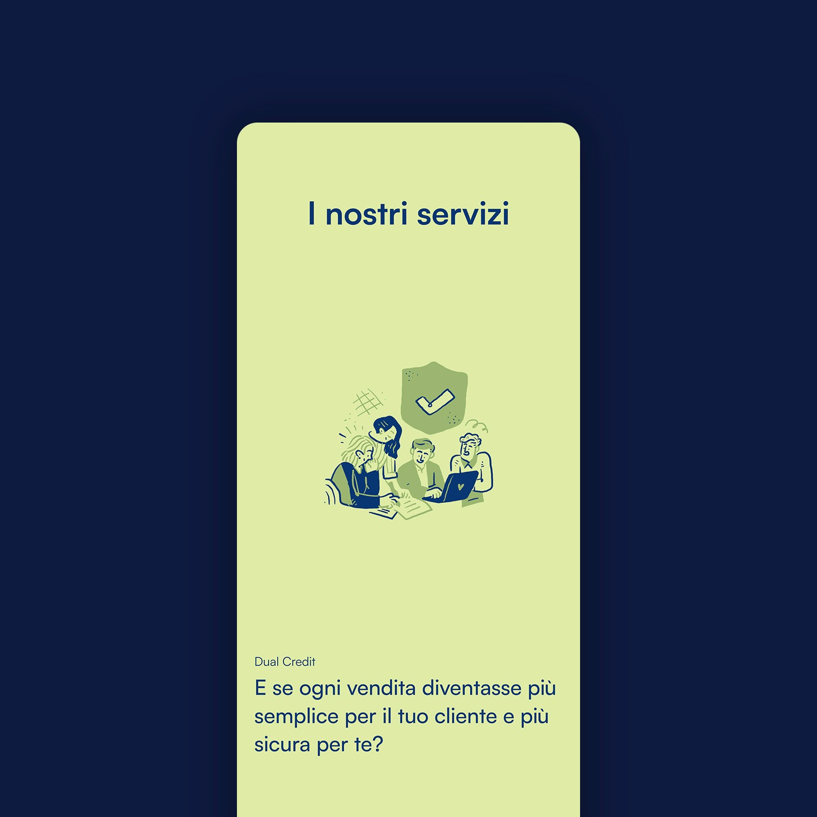 A smartphone displaying Finpromoter’s screen titled “I vantaggi di Finpromoter.” The illustration shows a group of people discussing paperwork, with text: “Ricevi una risposta in pochi giorni, senza passaggi inutili.”