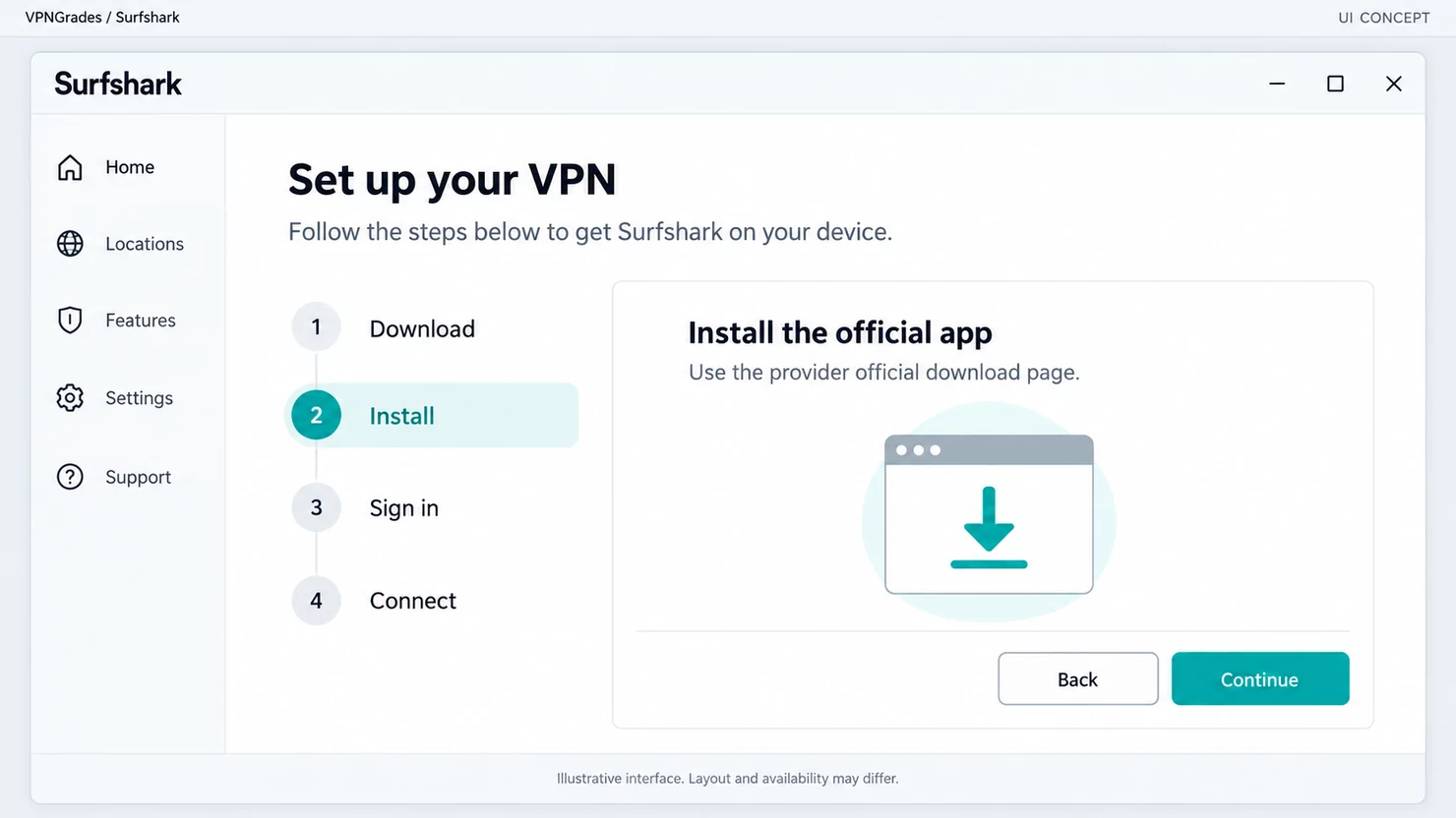 Surfshark: an installation workflow interface (illustration).