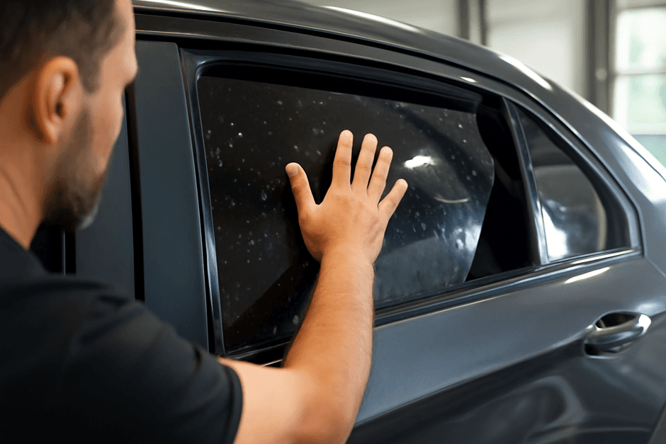 Mann streicht Tönungsfolie auf Auto-Scheibe.