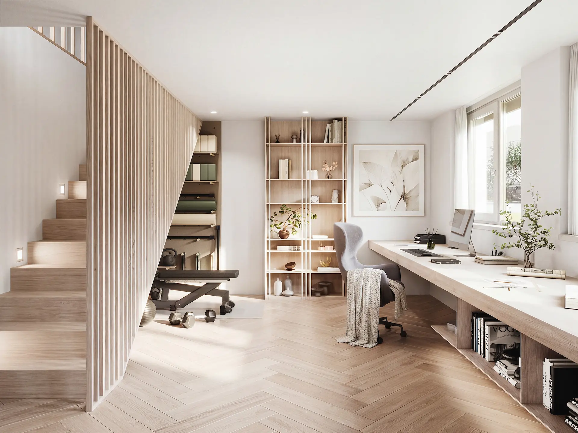 Moderne Homeofficeeinrichtung mit Gym im nordischen Stil.