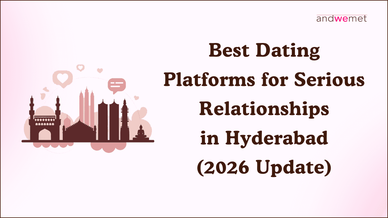 Hyderabad city skyline illustration with dating icons representing best platforms for serious relationships in Hyderabad - andwemet 2026 guide
