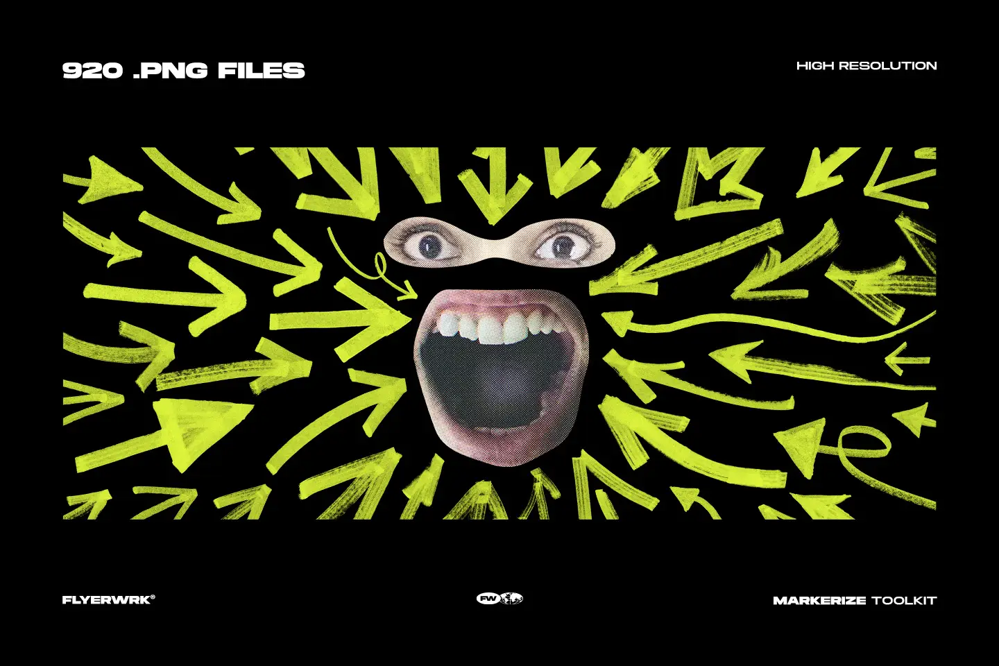 Markerize creative collage elements featuring neon yellow marker arrows layered over a mixed media design