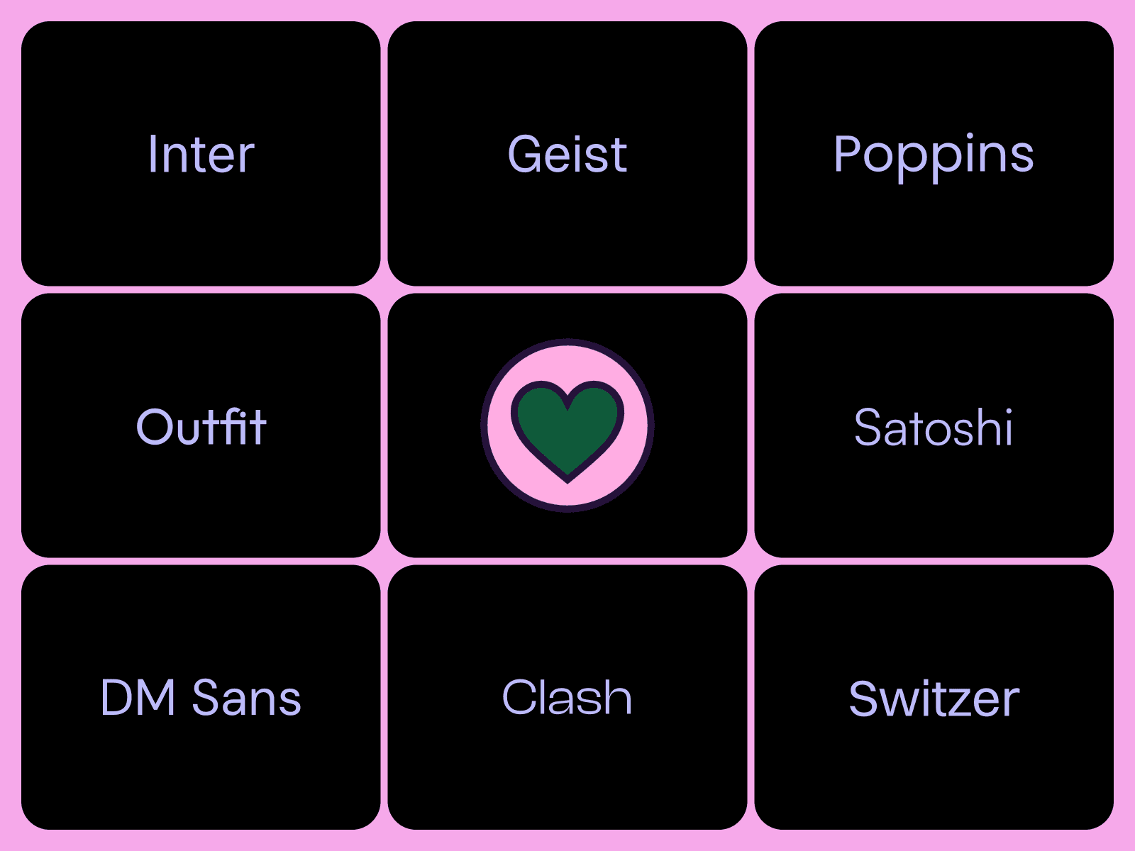 Typography font selection grid with Inter, Geist, Poppins, Outfit, Satoshi, DM Sans, Clash, and Switzer on pink and black cards