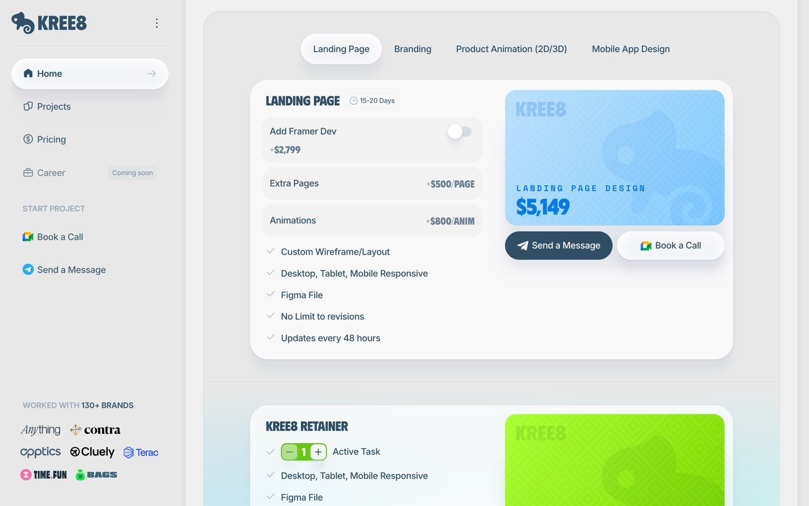Landing page shows pricing options for Kree8 services. Includes $5,149 option with features like extra pages and animations. Menu on left.