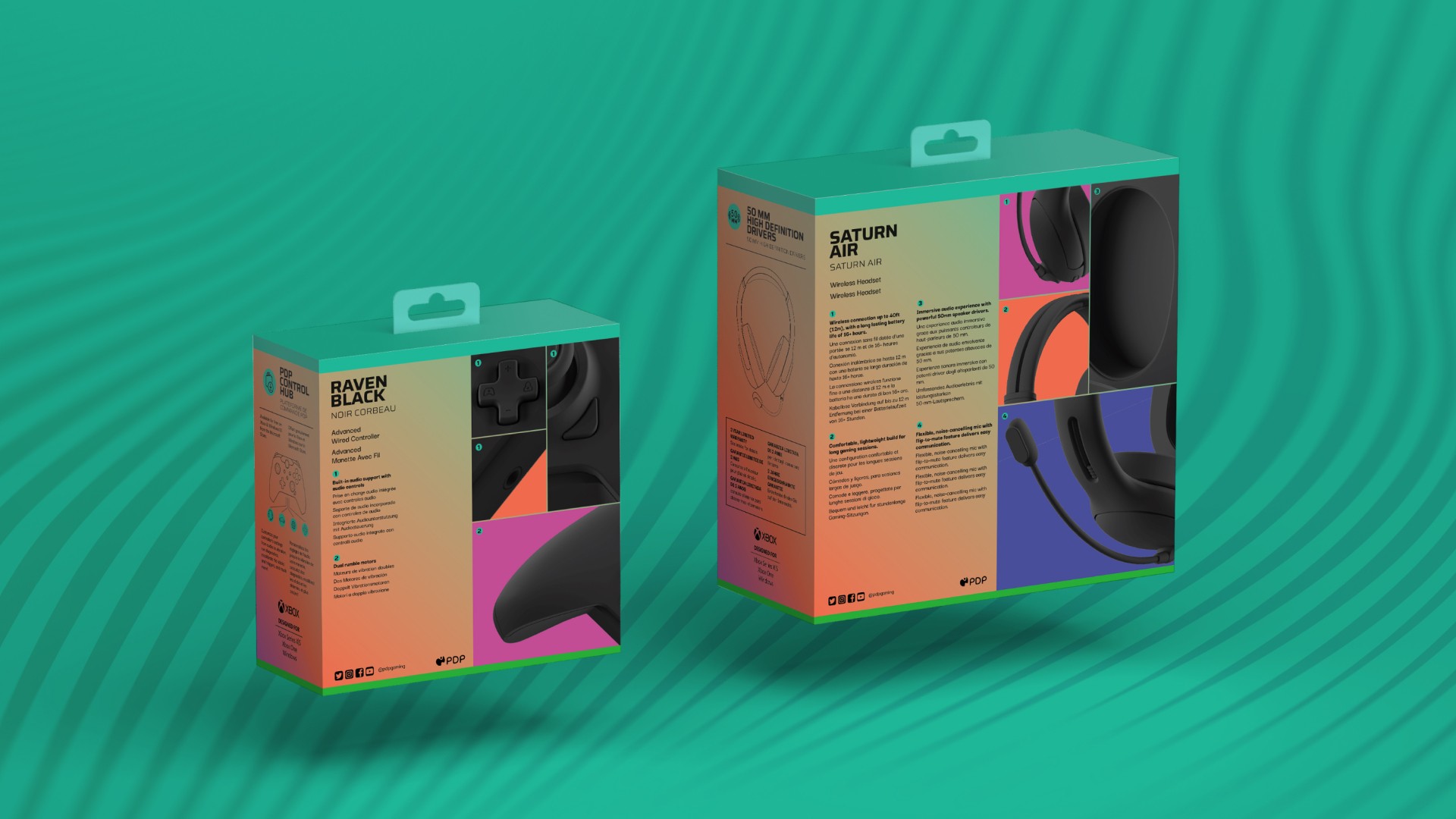 Feature of the back left angle of PDP packaging for the Raven black Xbox controller and the Saturn Air headset