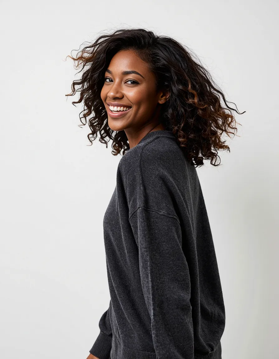 Professional portrait featuring curly hair and warm smile against minimal background, wearing oversized dark sweater in catalogue style