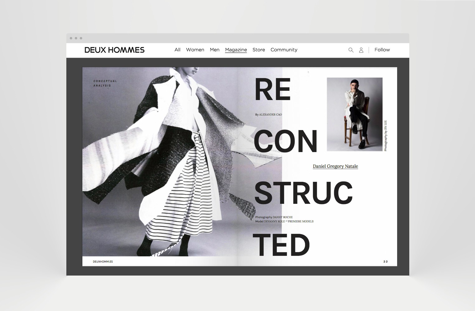 Fashion magazine spread featuring a model styled in avant-garde reconstructed garments, highlighting contemporary design concepts.