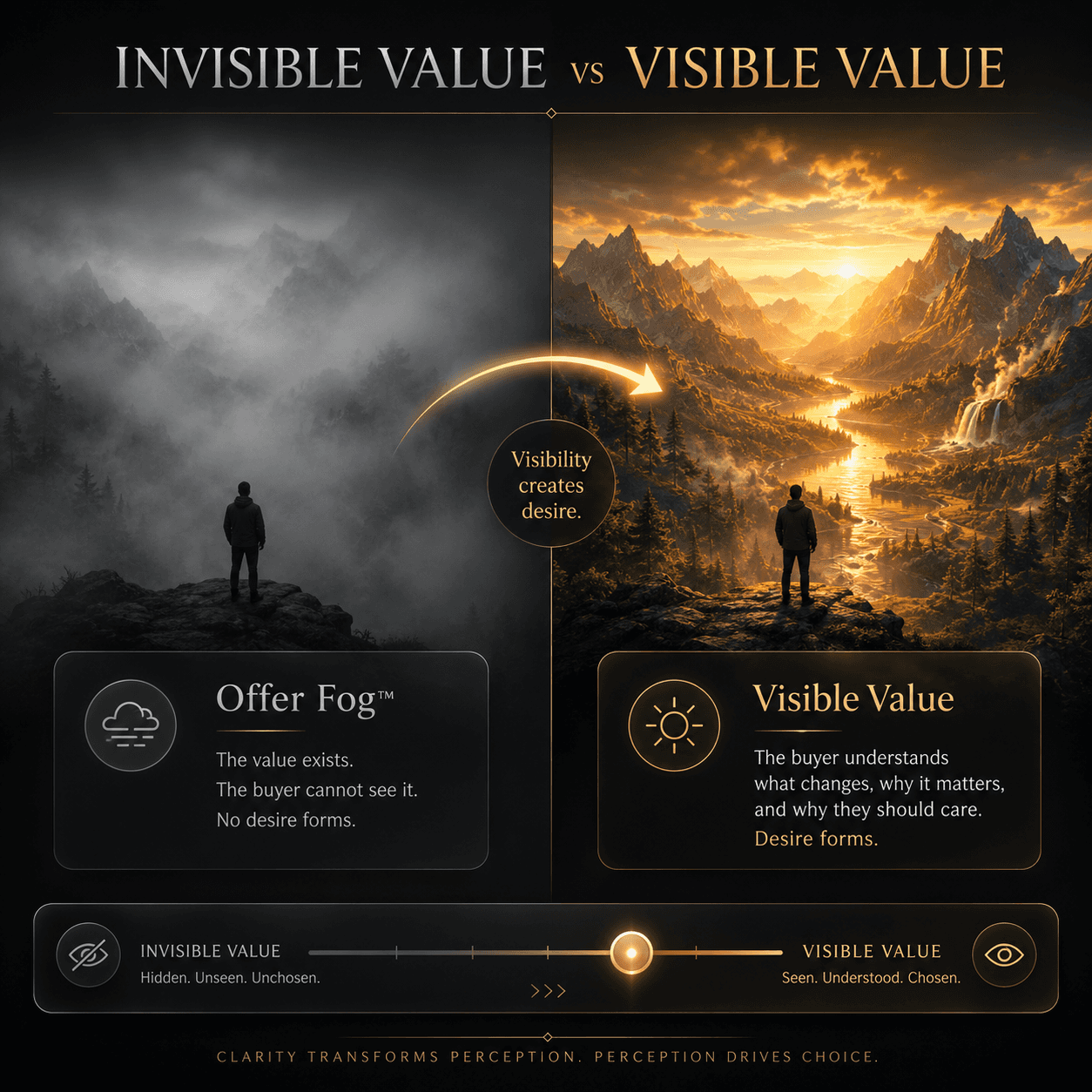“Invisible Value vs Visible Value” Concept: A split-screen comparison showing the same value presented two ways.  Left side (Invisible Value — Weak): A beautiful landscape covered in thick, desaturated fog. The value is present but completely obscured. A silhouette stands nearby, unable to see. Label: “Offer Fog™. The value exists. The buyer cannot see it. No desire forms.”  Right side (Visible Value — Strong): The same landscape, now clear and glowing. Every feature is visible. The silhouette can see exactly what is being offered. Label: “Visible Value. The buyer understands what changes, why it matters, and why they should care. Desire forms.”  A curved arrow points from left to right with the word: “Visibility creates desire.”  Style: Dark charcoal background. Left side: desaturated grey, thick fog, obscured. Right side: warm gold/amber, clear, glowing, every detail visible.  Interaction: Hovering the left side reveals: “Offer Fog™ exists when buyers struggle to understand what they get, why it matters, what changes, and why they should care now.” Hovering the right side reveals: “Visible value makes the destination clear. Buyers can see the future you're offering.” A slider transitions from “Invisible Value” to “Visible Value.”