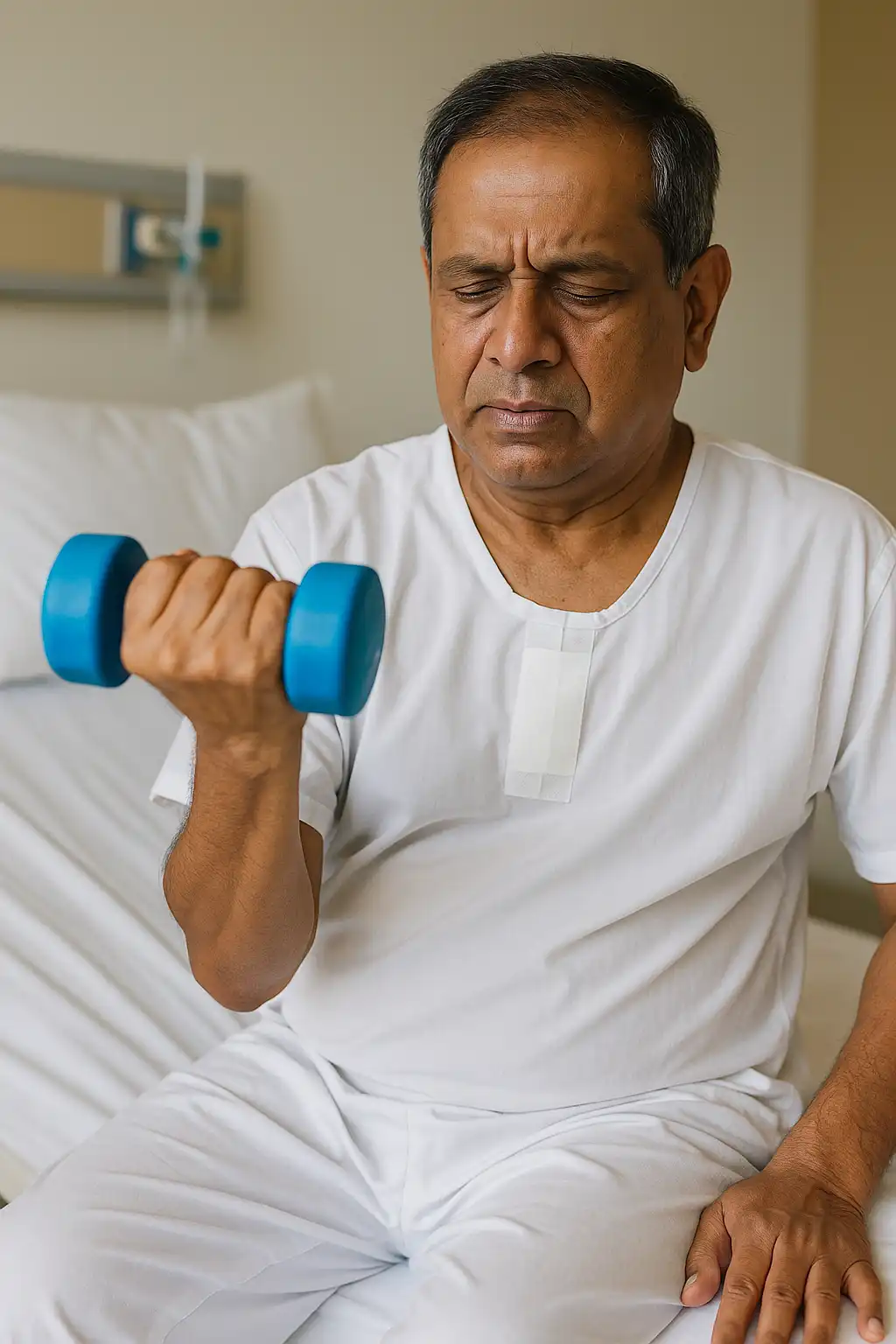 Post-surgery patient doing seated arm strengthening exercises with a dumbbell, representing mobility and strength rehabilitation after cardiac surgery.