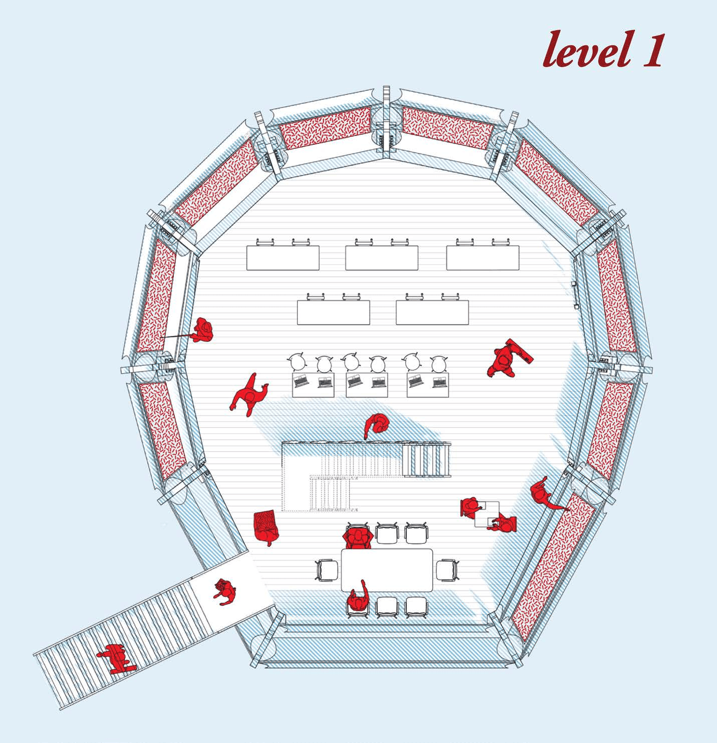 Ground-floor plan showing shared learning space, access and perimeter working areas.