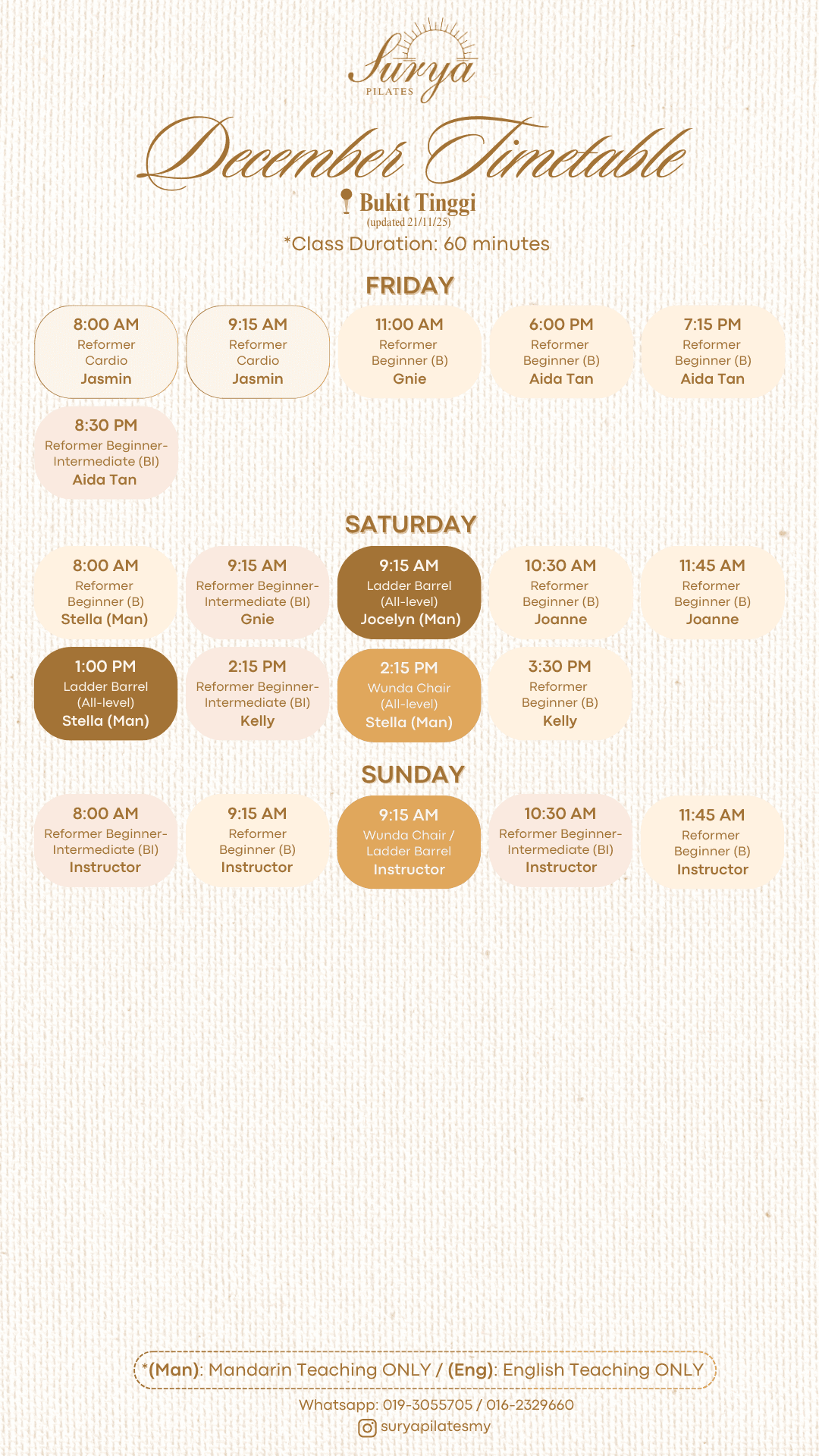 Surya Pilates Bukit Tinggi Schedule