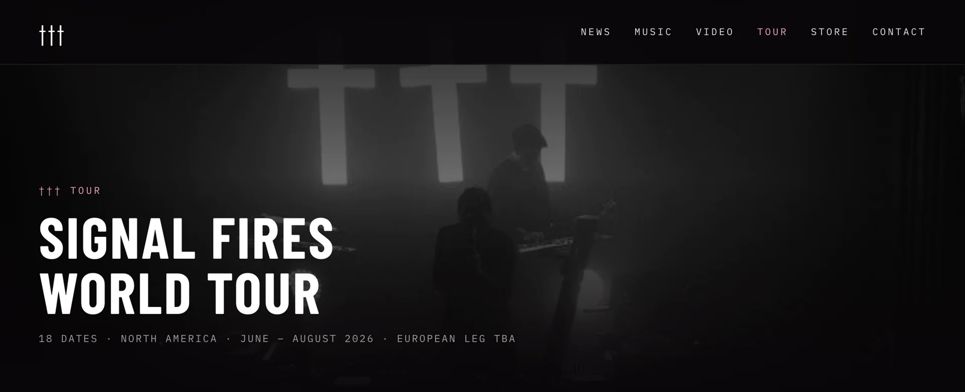 Crosses Signal Fires World Tour page with a dark portrait and bold condensed typography