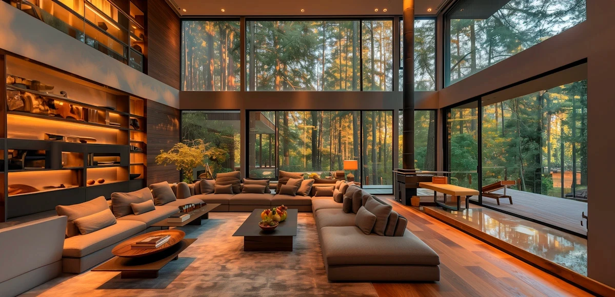 Dramatic double-height timber lodge interior with floor-to-ceiling windows and glowing ambient light.