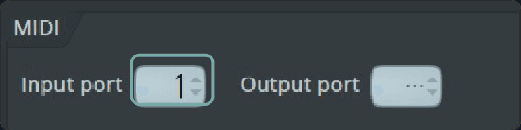 FL Studio MIDI settings for the VST instrument: Input port set to 1 and outlined in teal, and an empty Output port. Numbered marker 3 matches step 3.