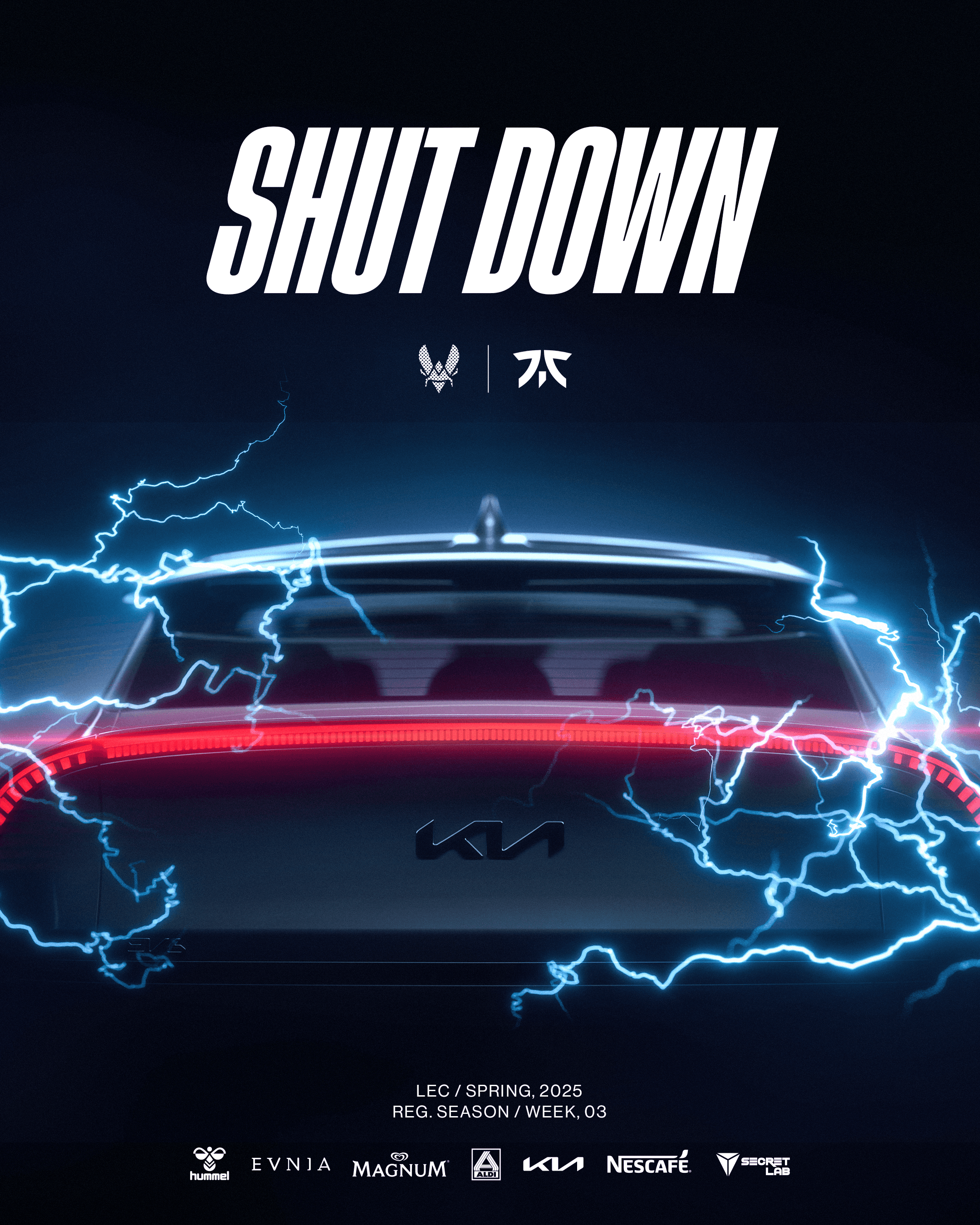 KIA x LOL project visual: Back of a KIA vehicle surrounded by lightning, large white headline "Shut down", at the bottom "LEC/SPRING 2025 - REG.SEASON / WEEK, 03" followed by sponsor logos