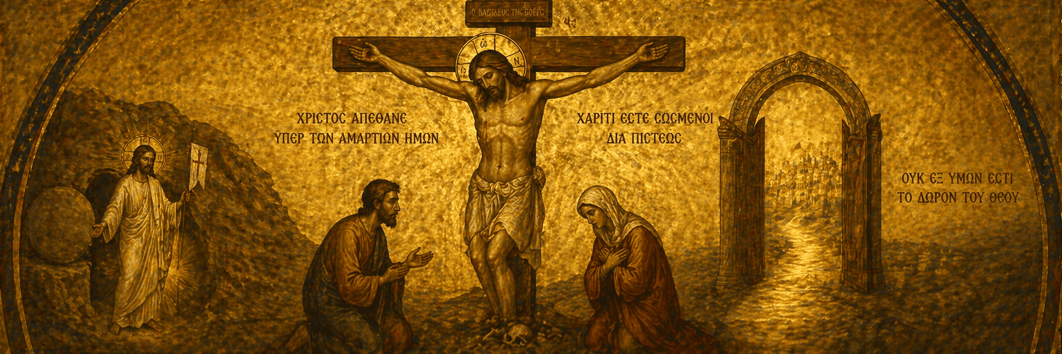 How are people saved in Christianity depicted in an Orthodox icon showing Jesus on the cross, resurrection, and path to salvation