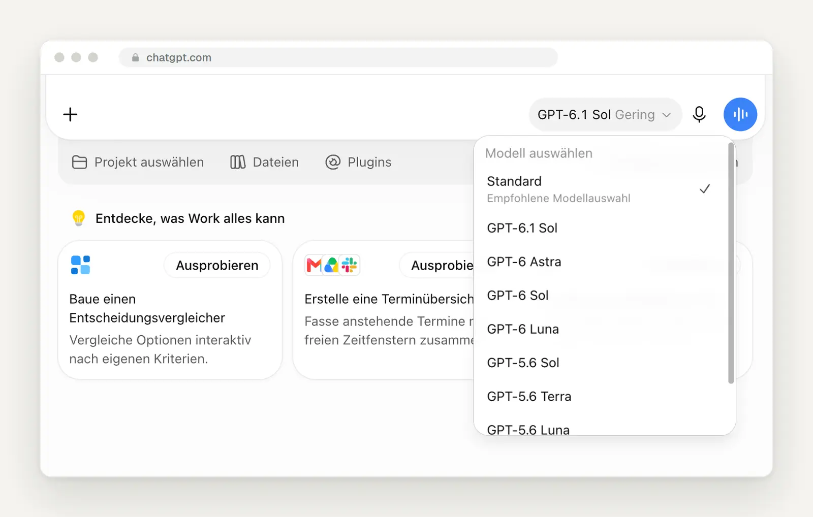 Modellauswahl in ChatGPT Work: Standard, GPT-6.1 Sol, GPT-6 Astra, GPT-6 Sol, GPT-6 Luna und GPT-5.6