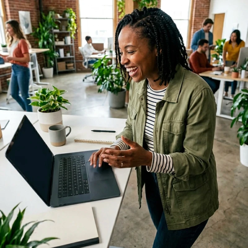 Professionnels en agence échangeant de vive voix dans un espace de travail collaboratif, illustrant notre expertise en Stratégie de comm 360° pour garantir une expertise humaine et opérationnelle.