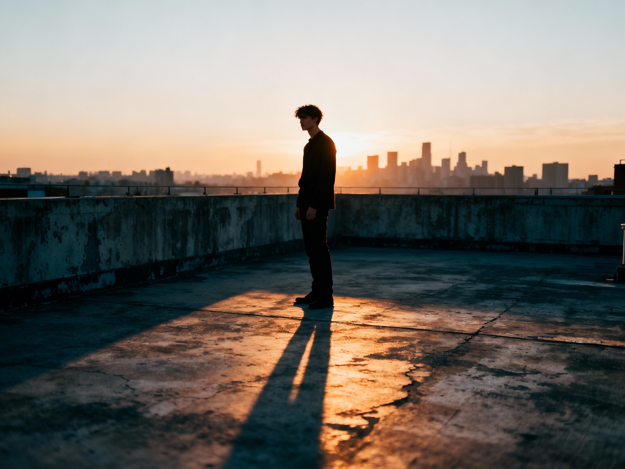 A crisp, editorial-style shot of an urban rooftop at sunset