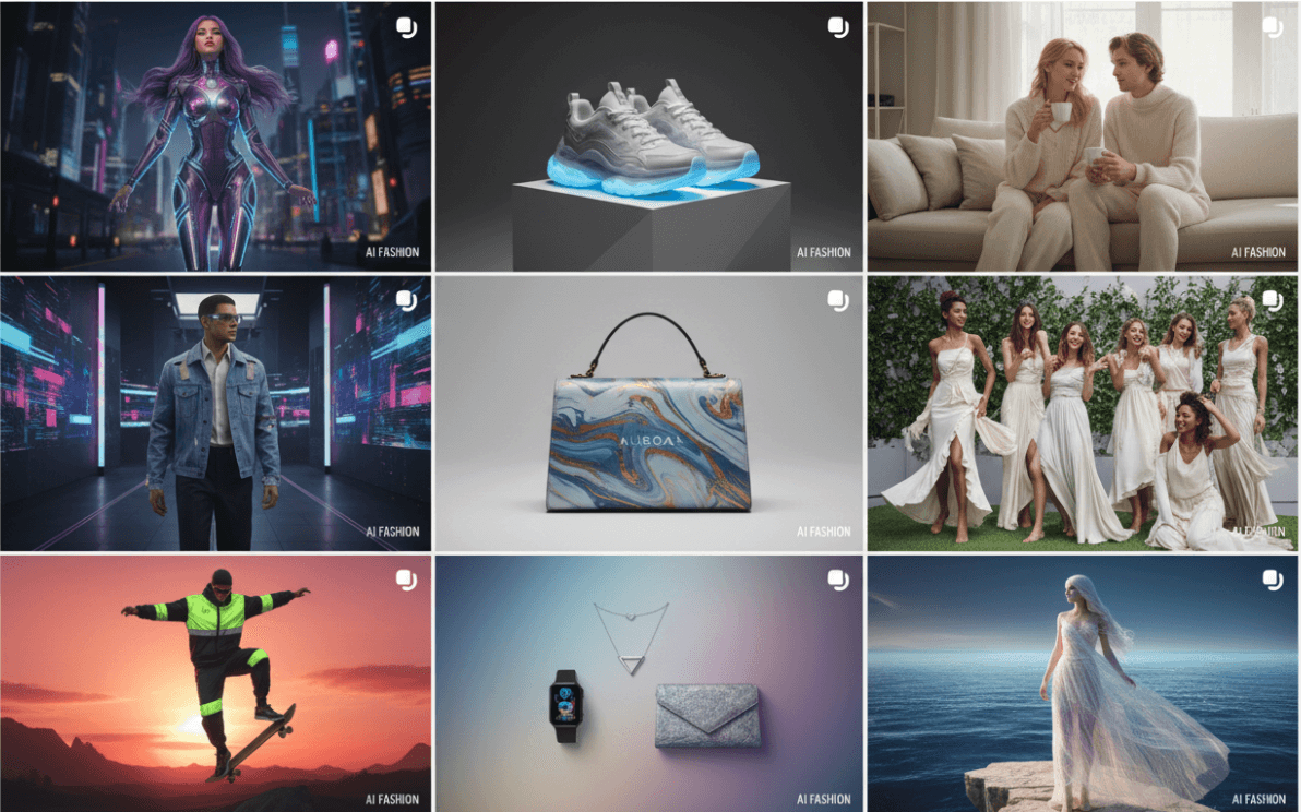 Social media content created with AI showing fashion brand posts across multiple platforms