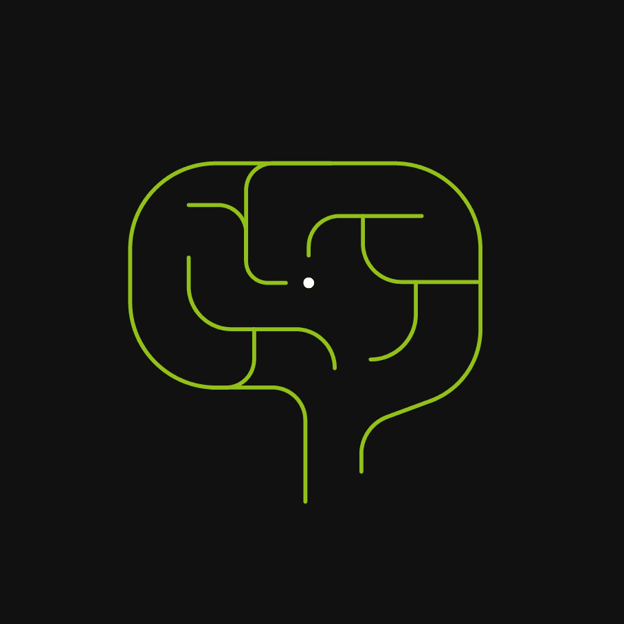 Simple line art of a stylised brain. light green lines on a black background.