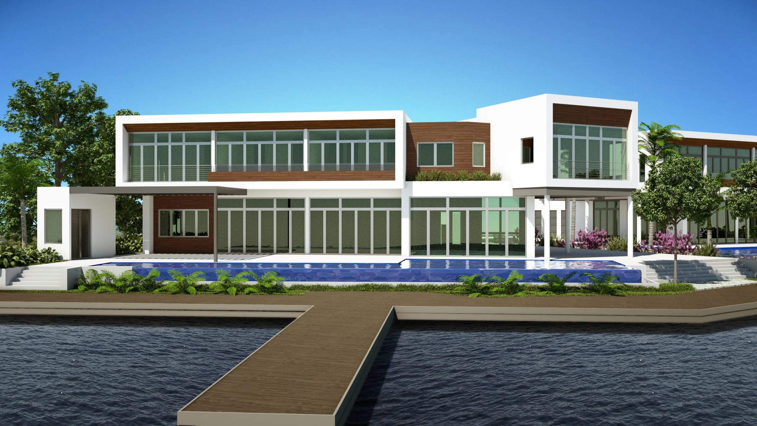 Full waterfront facade of modern villa with lap pool and private dock, Rodney Bay St. Lucia
