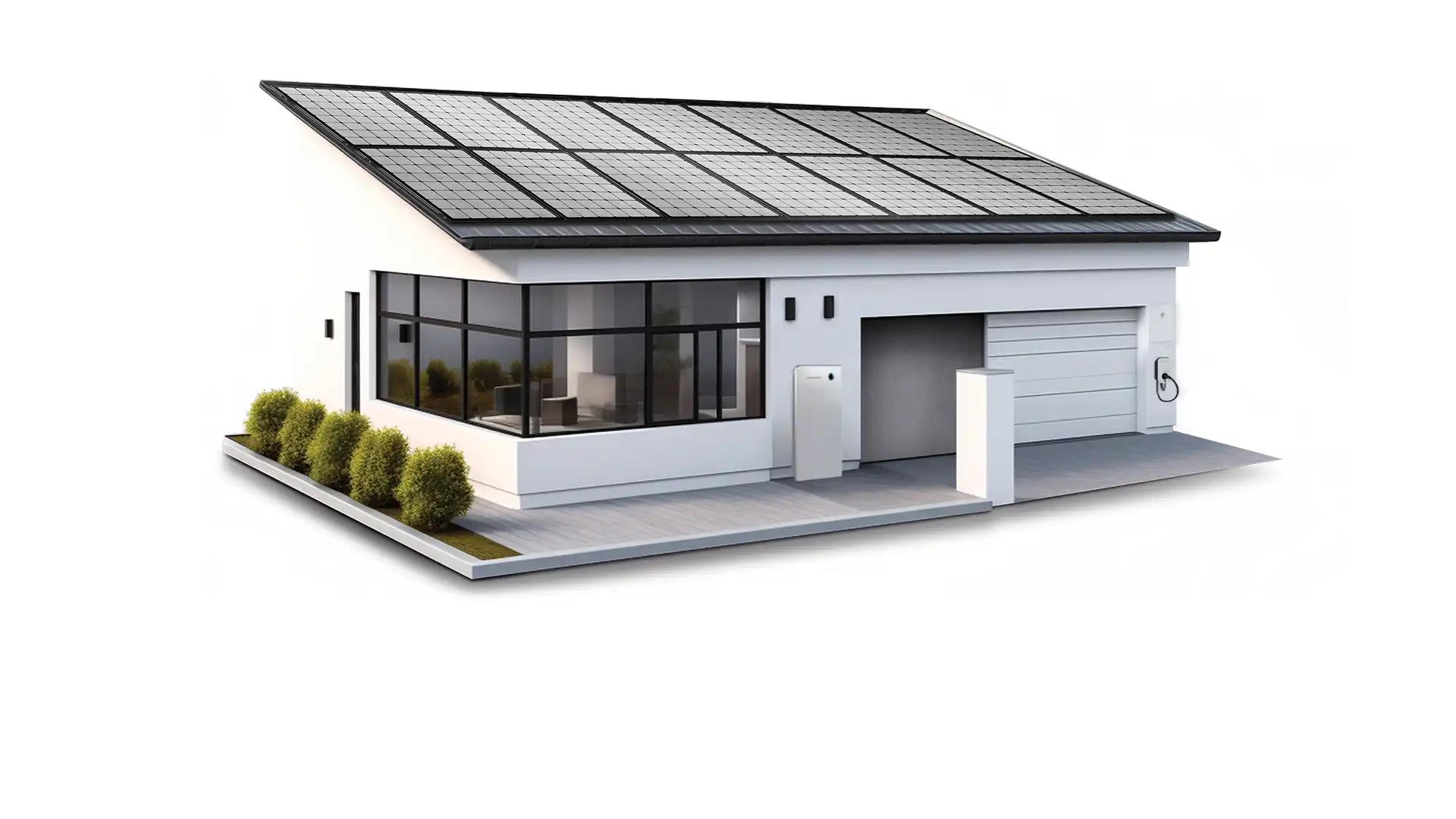 smart home with solar panels, ev charger and solar battery system installed