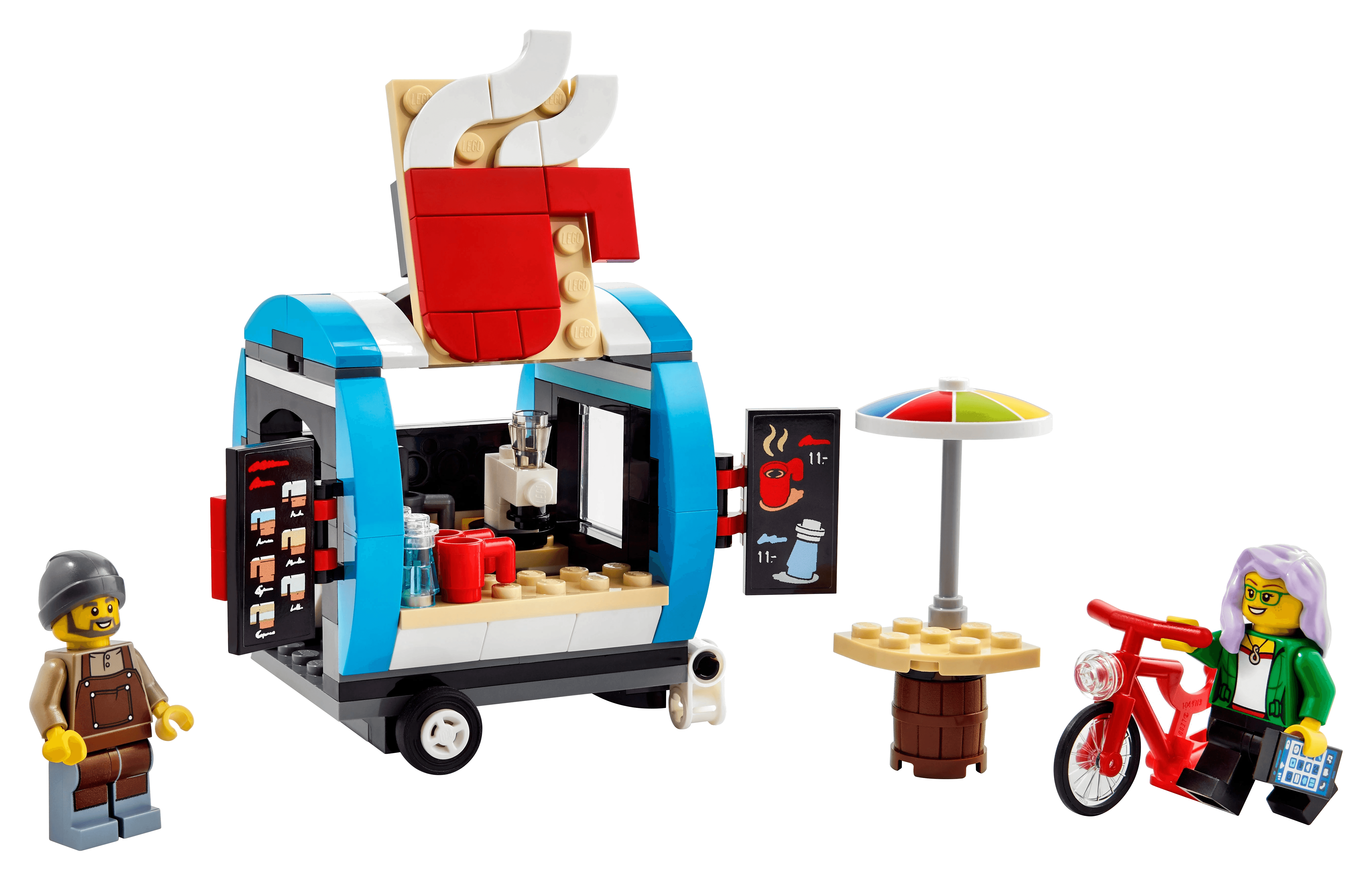 LEGO® Coffee Cart (sett 40488) - ferdigbygd blå kaffevogn med to minifigurer, sykkel og parasoll, Brikkenerd