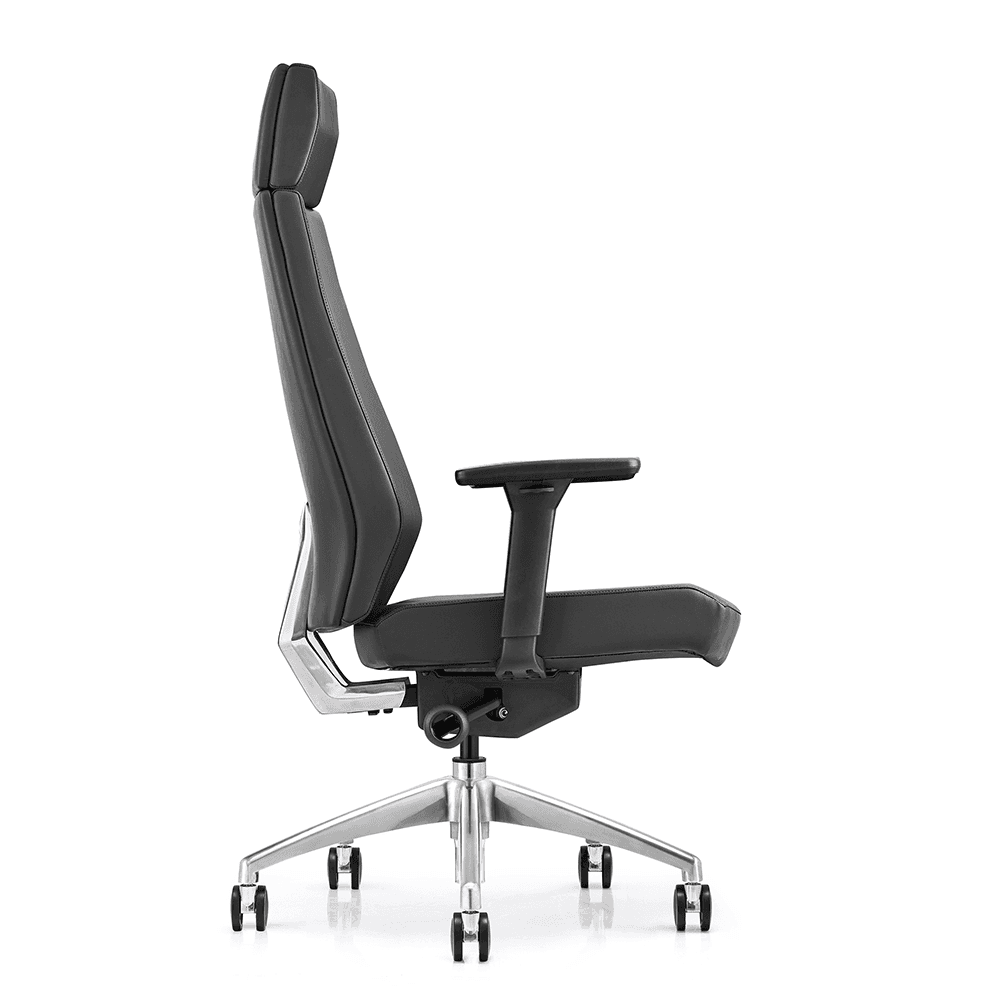 Side profile of a black leather ergonomic office chair showing the slim high-back design, adjustable T-shaped armrests, and polished aluminum base with smooth-rolling casters.