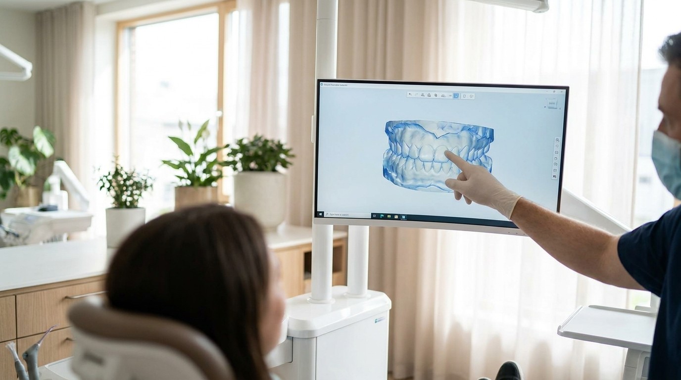 A dentist reviews a 3D digital scan of a patient's teeth on a chairside monitor.